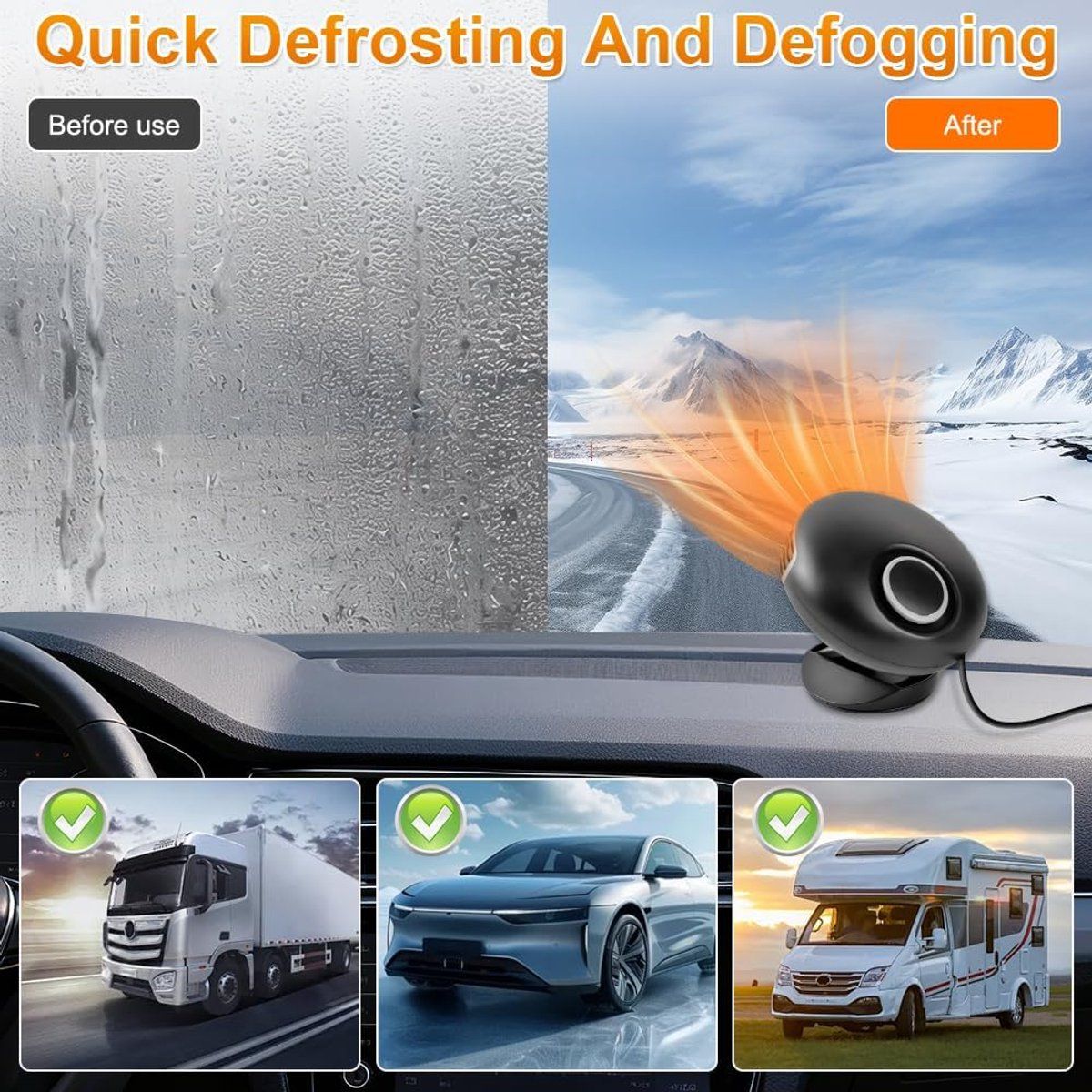 Car Heater, Car Heater 2-in-1 Fast Heating and Cooling Car Heater Defroster, Automatic Heating Fan, 12.5 x 6 cm, 12V, 150W, Black