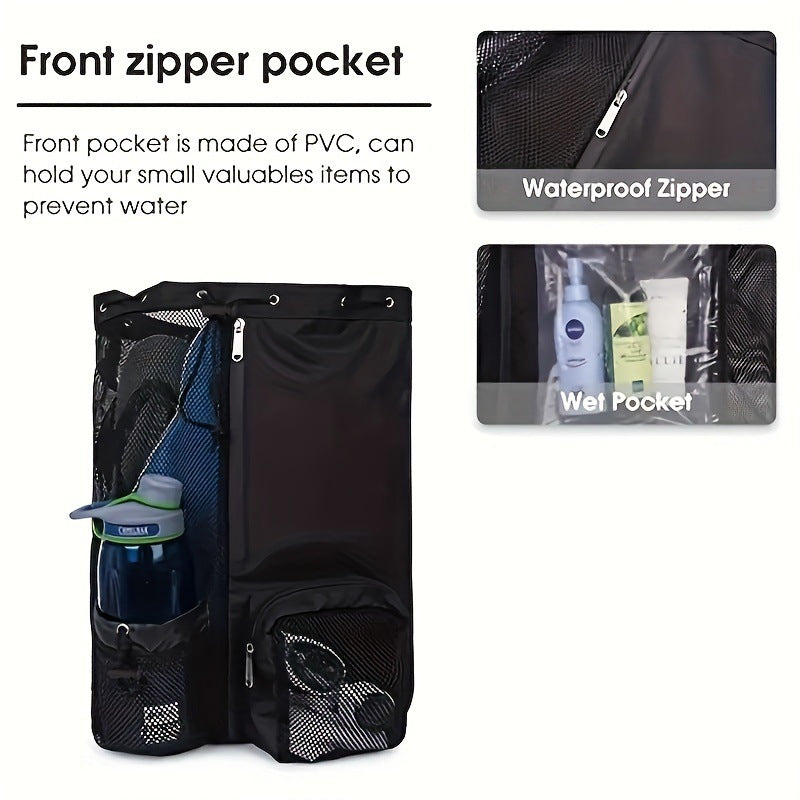 Purple Mesh Drawstring Swim Backpack with Wet Bag - Durable Beach Gym Bag for Wet Gear