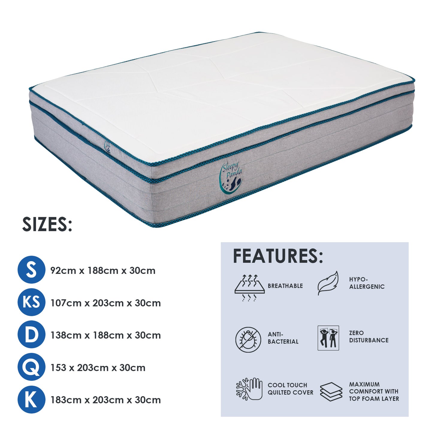 Sleepy Panda Mattress 5 Zone Pocket Spring EuroTop Medium Firm 30cm Thickness - Double - White Grey Blue