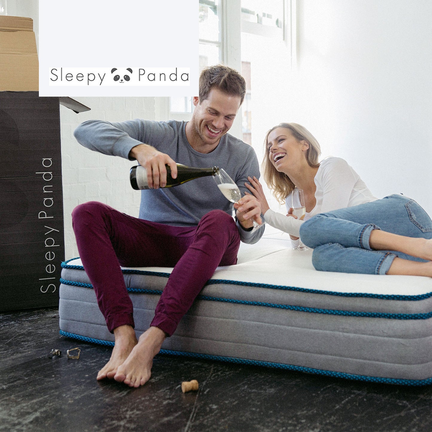 Sleepy Panda Mattress 5 Zone Pocket Spring EuroTop Medium Firm 30cm Thickness - Double - White Grey Blue