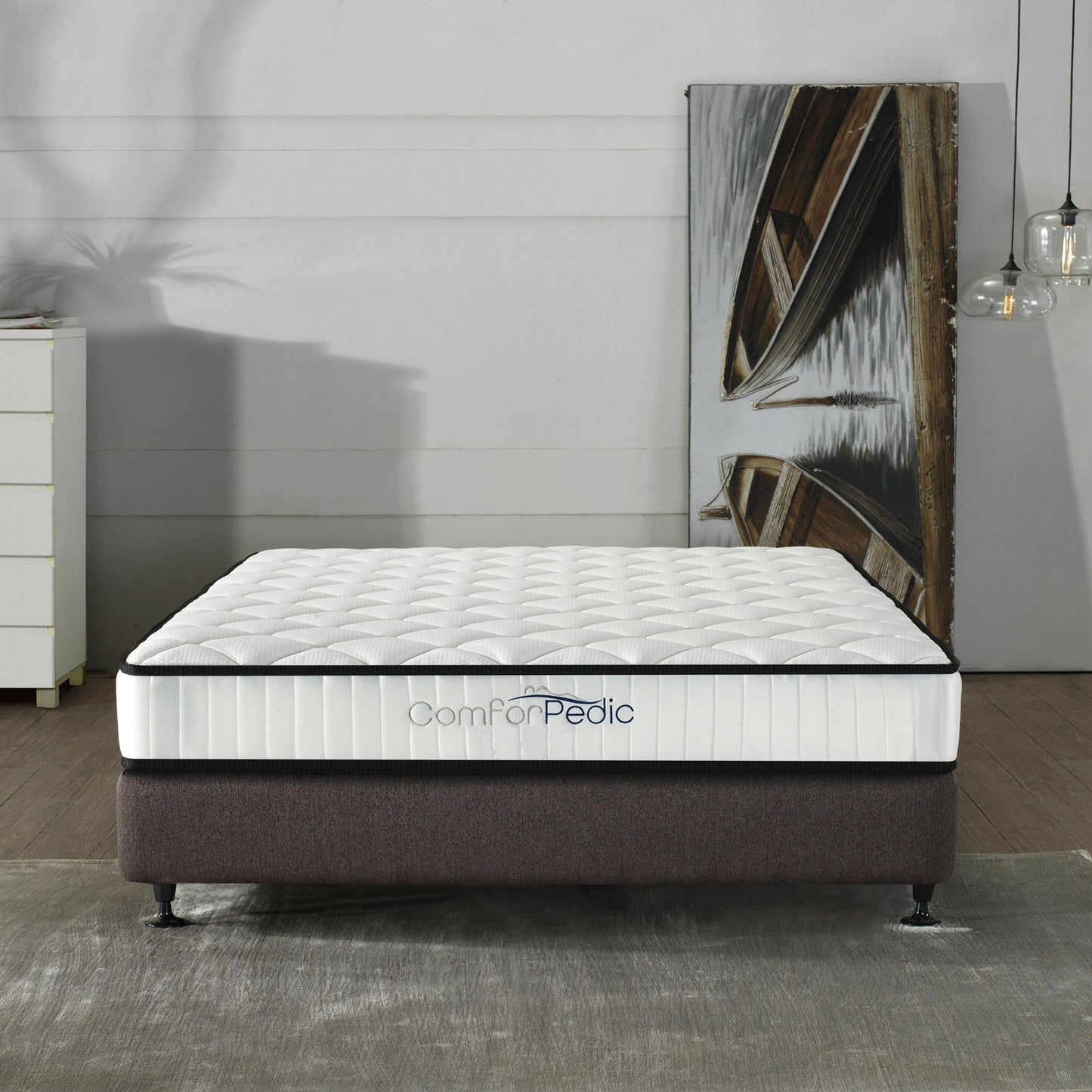 Azure Wood Bed Frame With Comforpedic Mattress Package Deal Bedroom Set - Double - White Brown