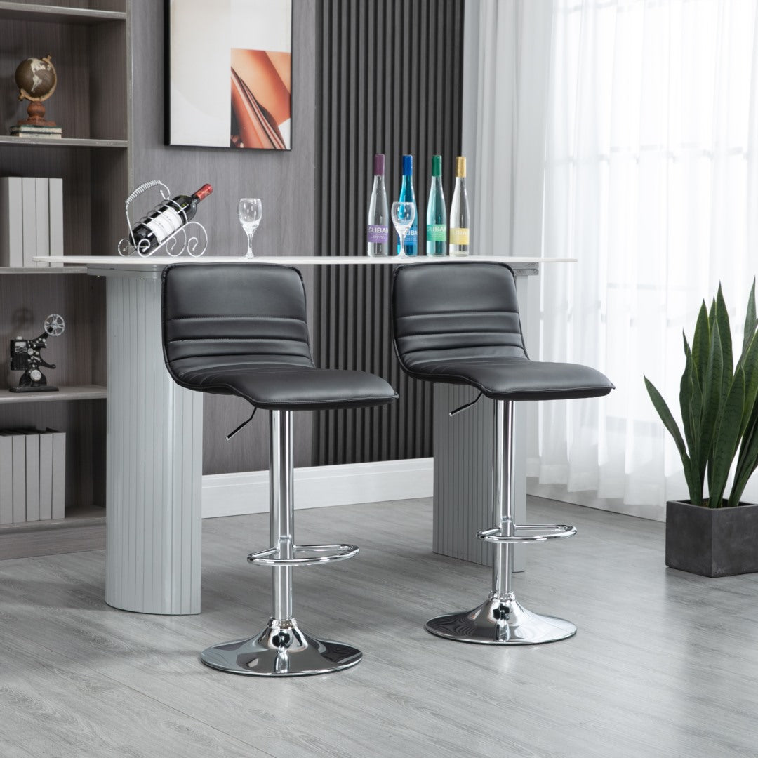2x Counter Height PU Leather Upholstered Adjustable Height Swivel Bar Stools -Black