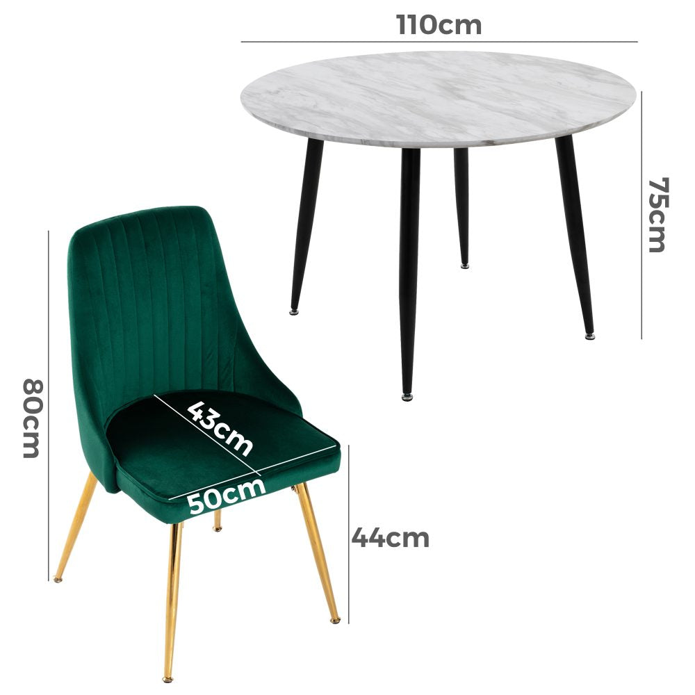 5PC Round Dining Table and Chair Set Green Velvet