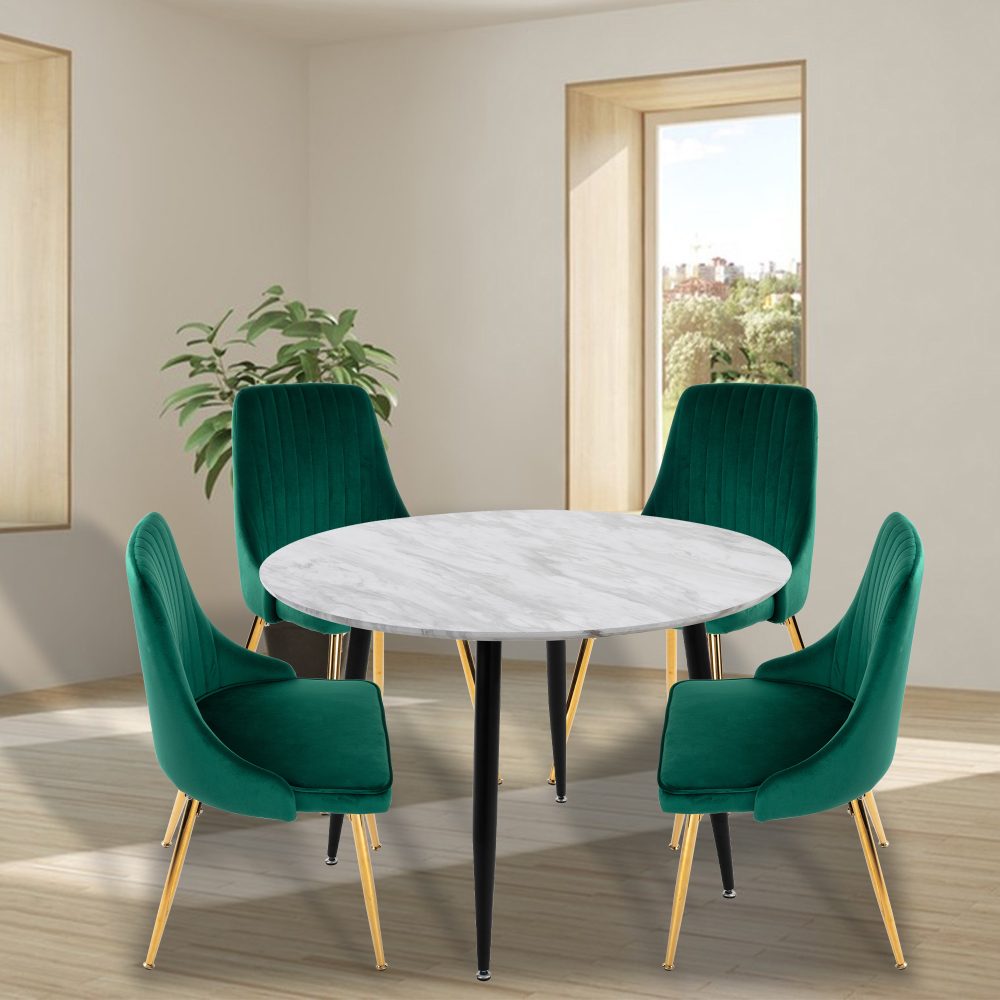 5PC Round Dining Table and Chair Set Green Velvet