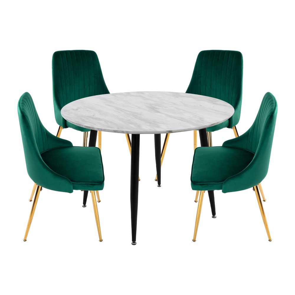 5PC Round Dining Table and Chair Set Green Velvet