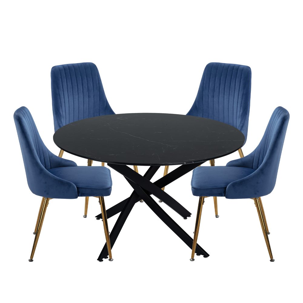 Black Round Marble-Effect Table and Chair Set Navy
