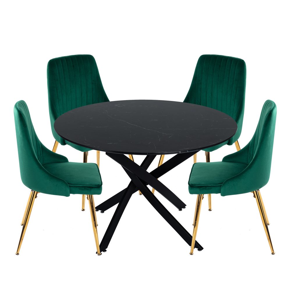 Black Round Marble-Effect Table and Chair Set Green Velvet