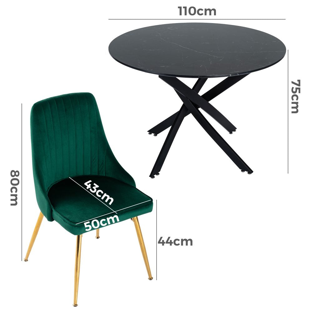 Black Round Marble-Effect Table and Chair Set Green Velvet