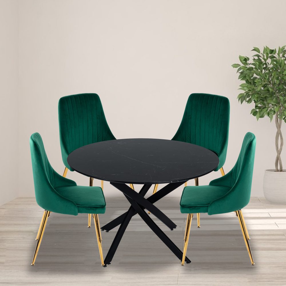 Black Round Marble-Effect Table and Chair Set Green Velvet