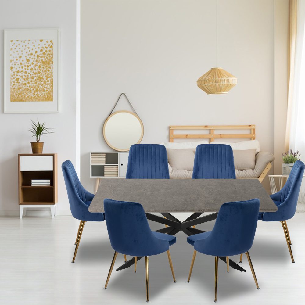 Dining Set Rectangular Table with 6 Navy Velvet Chairs