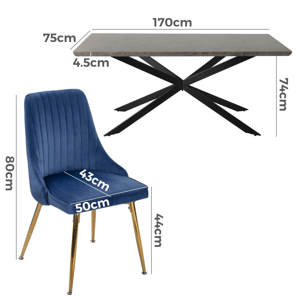 Dining Set Rectangular Table with 6 Navy Velvet Chairs