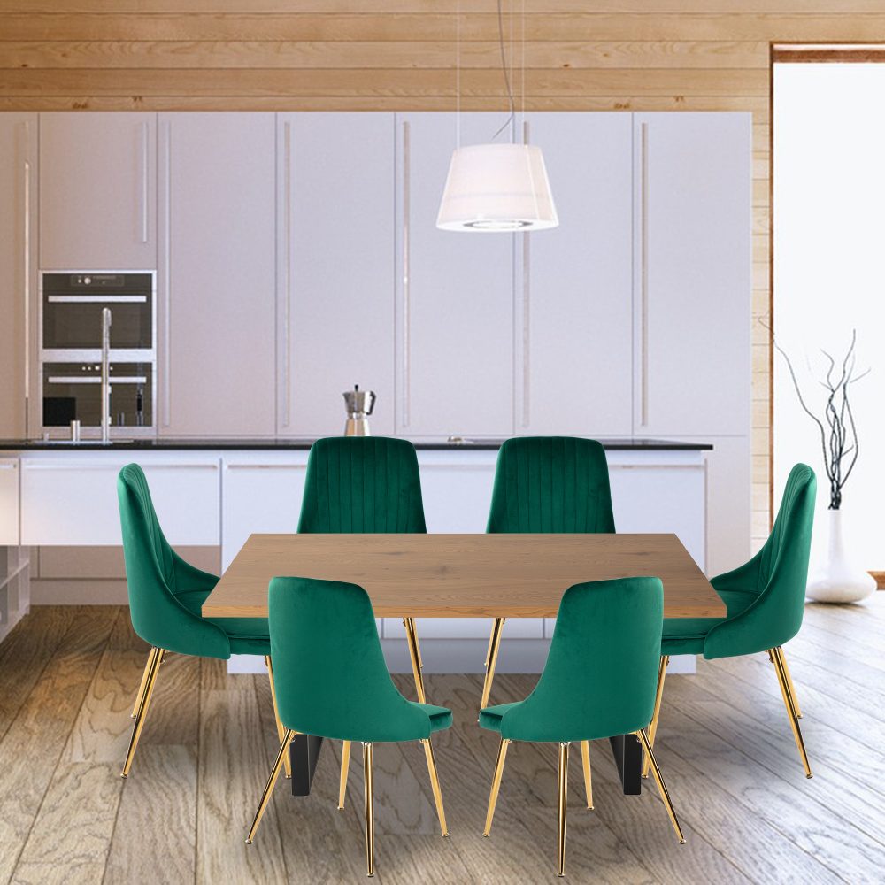 Dining Set Rectangle Natural Table with 6 Green Velvet Chair