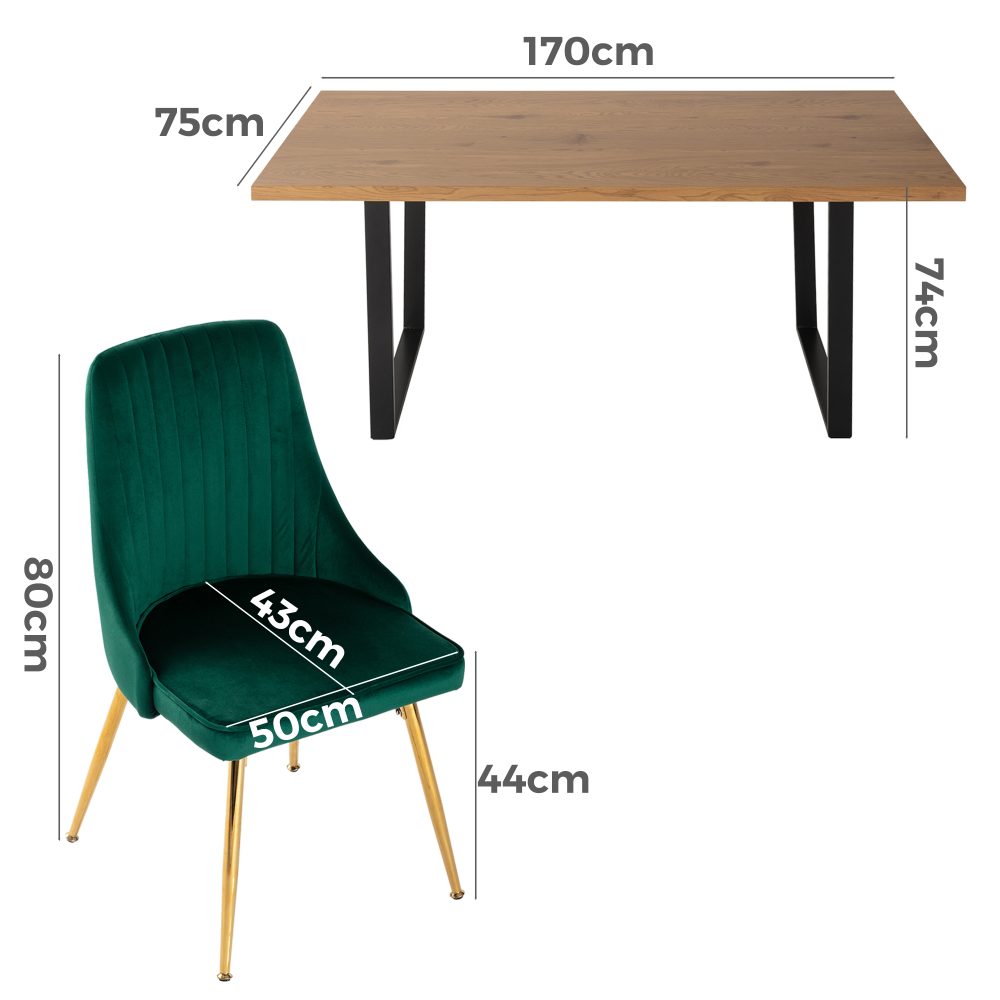 Dining Set Rectangle Natural Table with 6 Green Velvet Chair