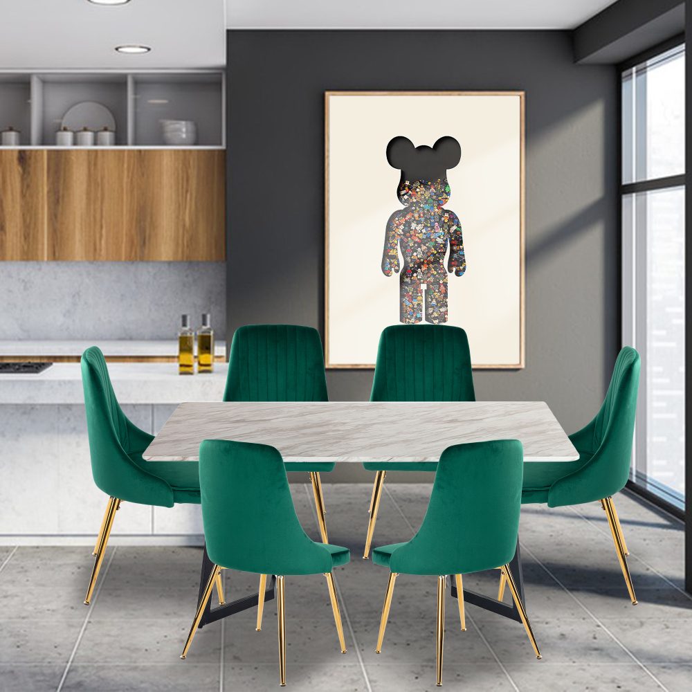 Rectangular Marble-Effect Table and Green Velvet Dining Chair Sets