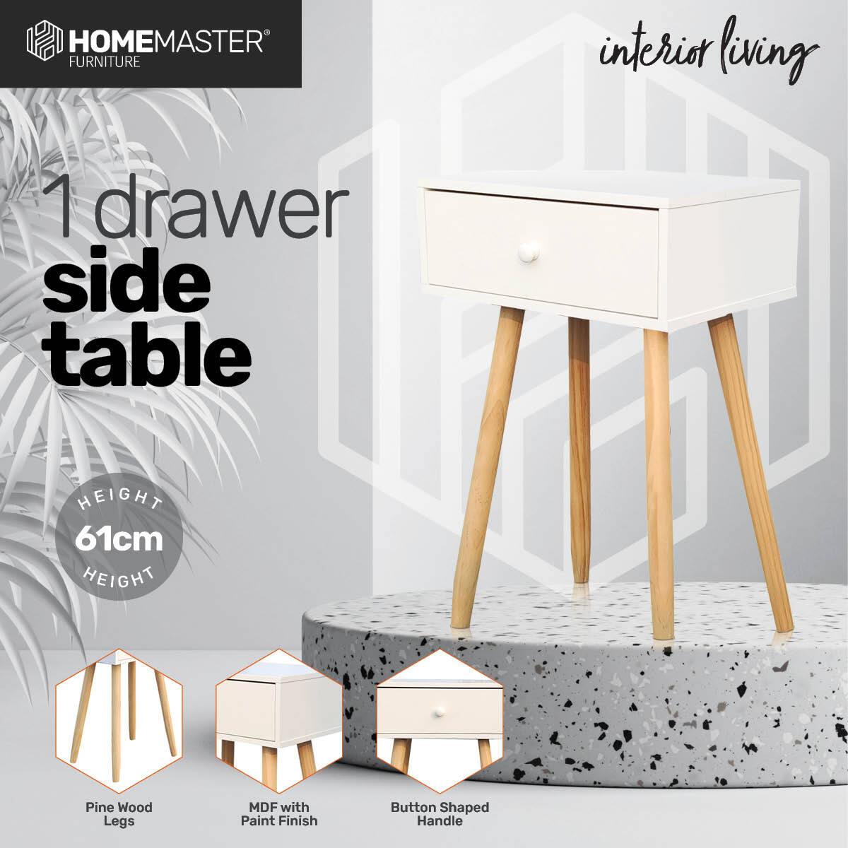 Home Master 1 Drawer Side Table Sleek Modern & Stylish Neutral Design 61cm