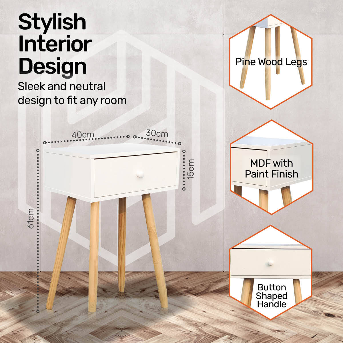 Home Master 1 Drawer Side Table Sleek Modern & Stylish Neutral Design 61cm