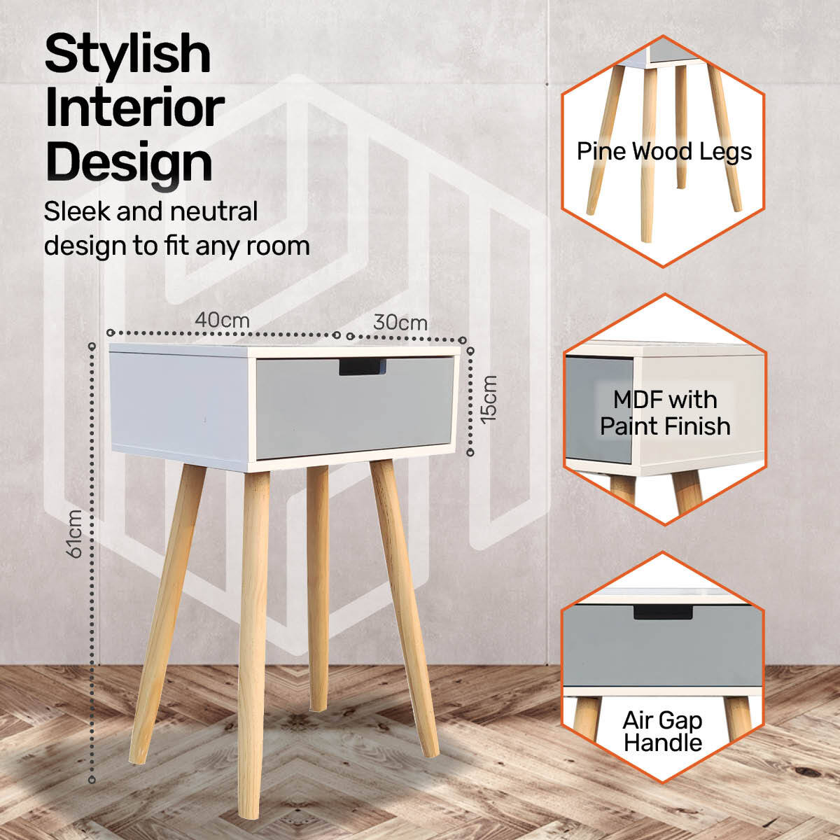 Home Master 1 Drawer Side Table Modern Sleek & Stylish Neutral Design 61cm