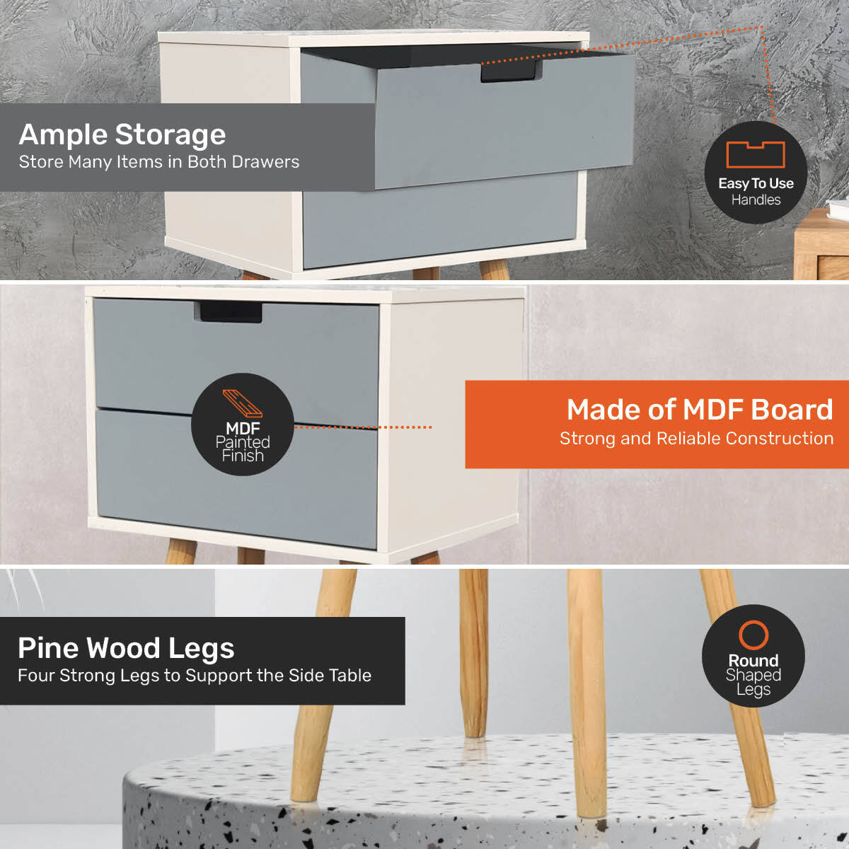 Home Master 2 Drawer Side Table Modern Sleek & Stylish Neutral Design 61cm