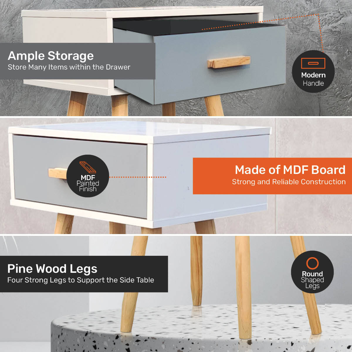 Home Master 1 Drawer Side Table Sleek Modern & Stylish Neutral Design 61cm