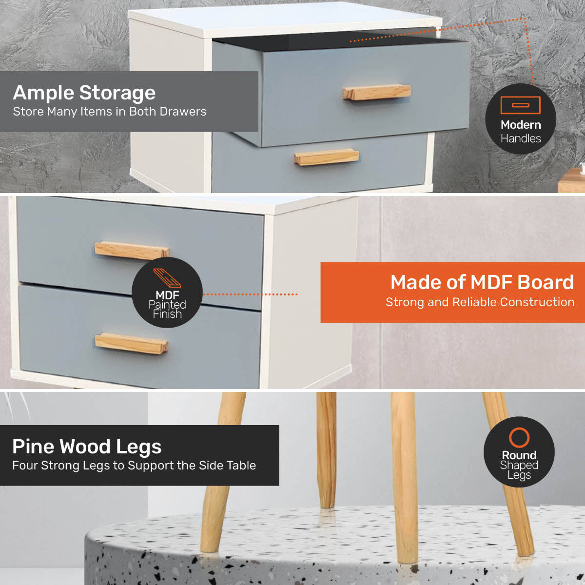 Home Master 2 Drawer Side Table Sleek Modern & Stylish Neutral Design 61cm
