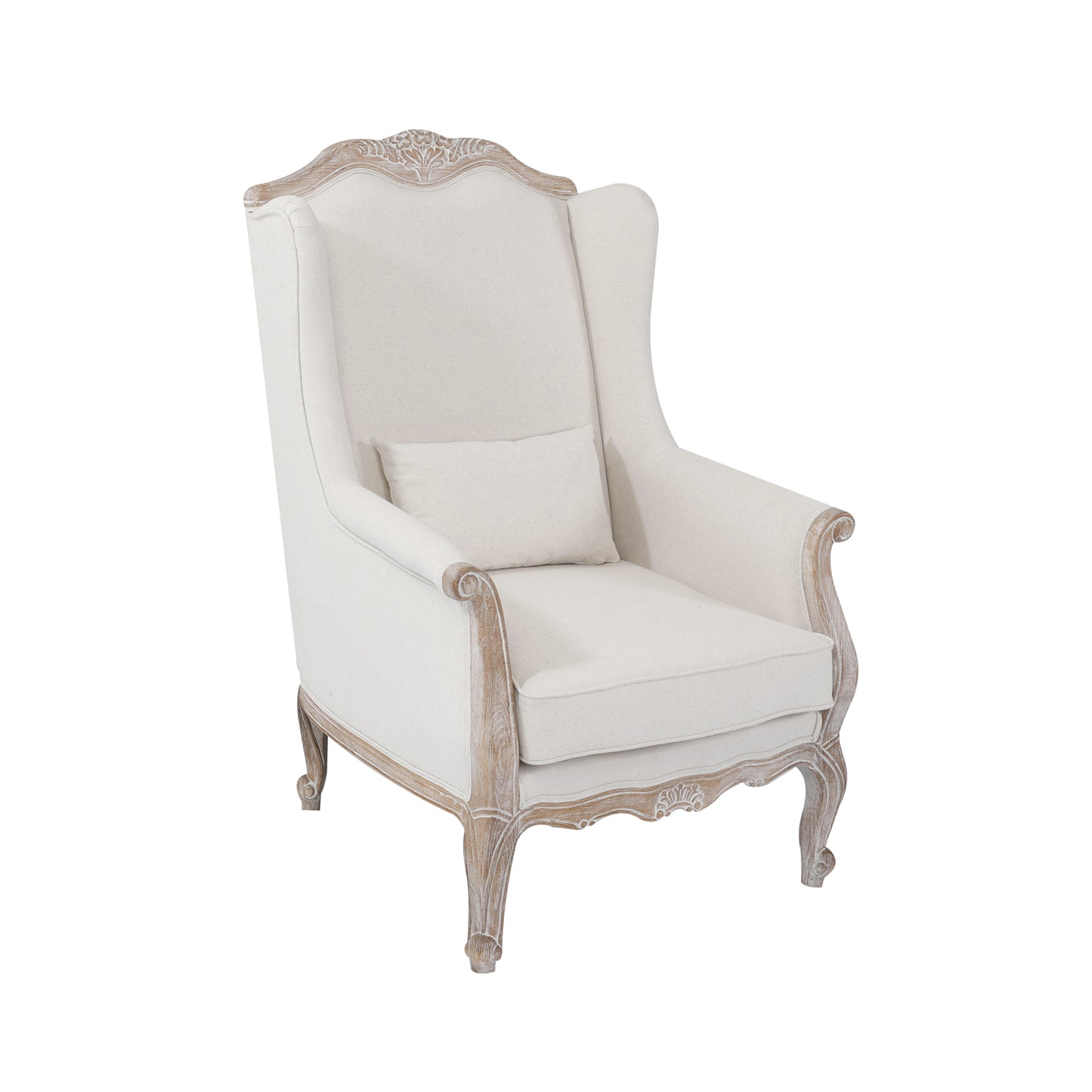 3SWing Chair Linen Fabric Oak Wood White Washed Finish Rolled Armrest +2S+1X Wing Chair Oak Wood White Washed Finish Rolled Armrest Linen Sofa Fabric