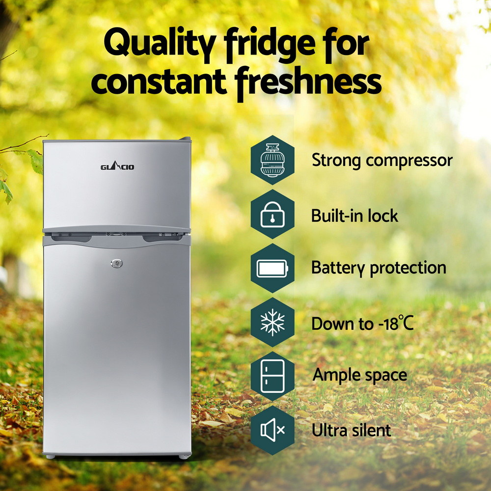 Glacio 100L Portable Fridge Bar Freezer Cooler Upright 12V/24V/240V Caravan Car Silver