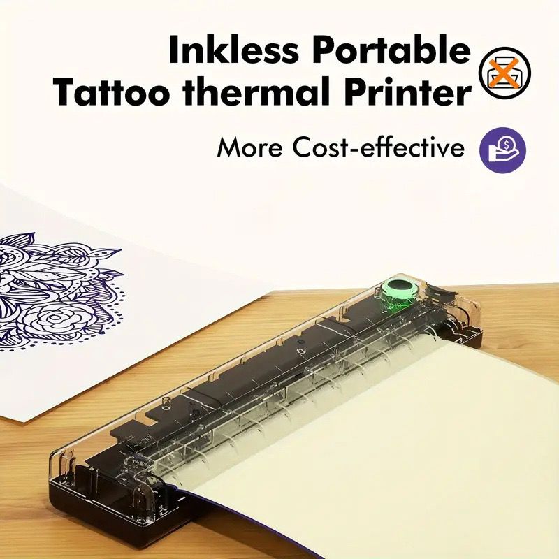 Portable A4 Thermal Printer with Bluetooth Wireless Connectivity, Inkless Printing for Home, Office, and Tattoo Transfer Use on Paper and Various Media (Black)