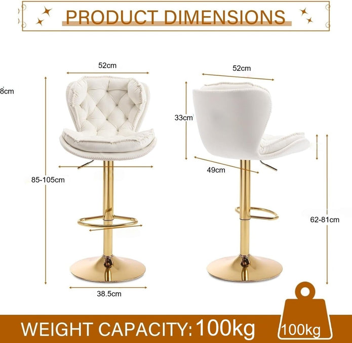 SERENITà Swivel Bar Stools Set of 2 Counter Height Barstools with Back Velvet Upholstered Adjustable Stool Chair Min Century Modern Bar Stool for Kitchen Island (Ivory)