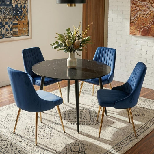 Black Round Dining Table and Chair Set Blue Velvet