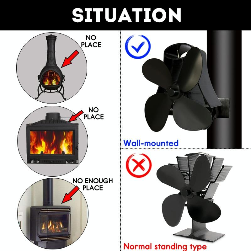 4-blade Heat Powered Fireplace Stove Fan - Aluminum - Black
