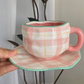 Pink Plaid 300ML Underglaze Hand-Pinched Cup and Saucer Set - Ceramic Coffee Mug Milk Cup Breakfast Set