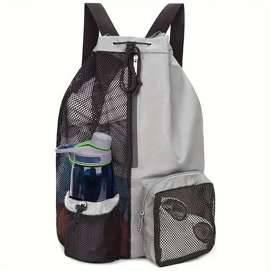 Light Grey Mesh Drawstring Swim Backpack with Wet Bag - Durable Beach Gym Bag for Wet Gear