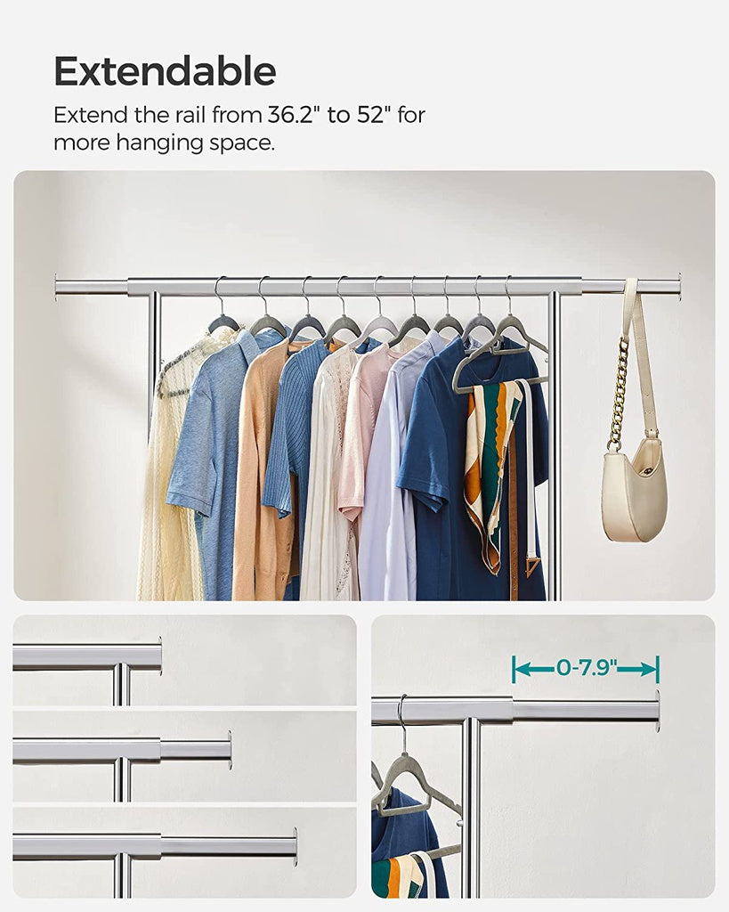 SONGMICS Heavy Duty Clothes Rack on Wheels Metal Chrome Extendable HSR11S