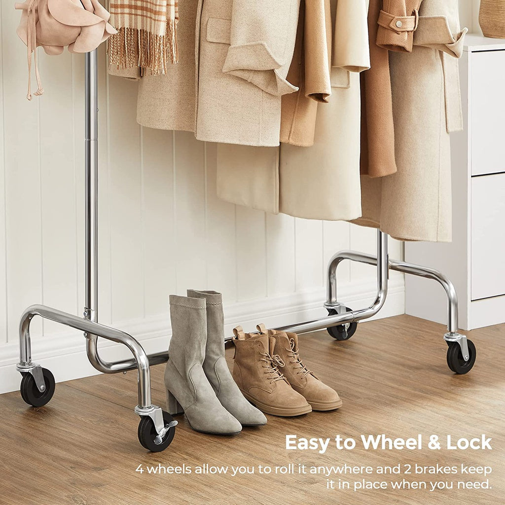 SONGMICS Heavy Duty Clothes Rack on Wheels Metal Chrome Extendable HSR11S