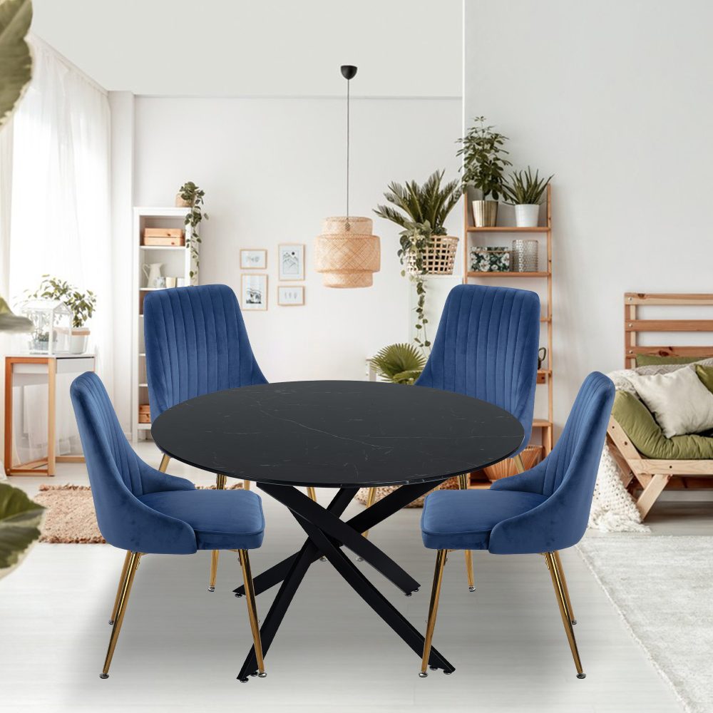 Black Round Marble-Effect Table and Chair Set Navy