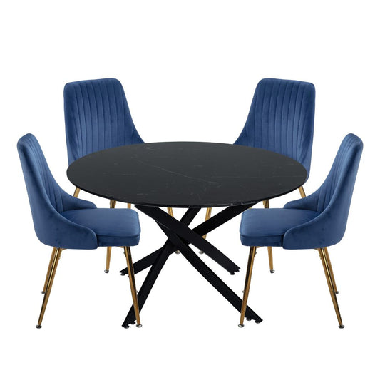 Black Round Marble-Effect Table and Chair Set Navy