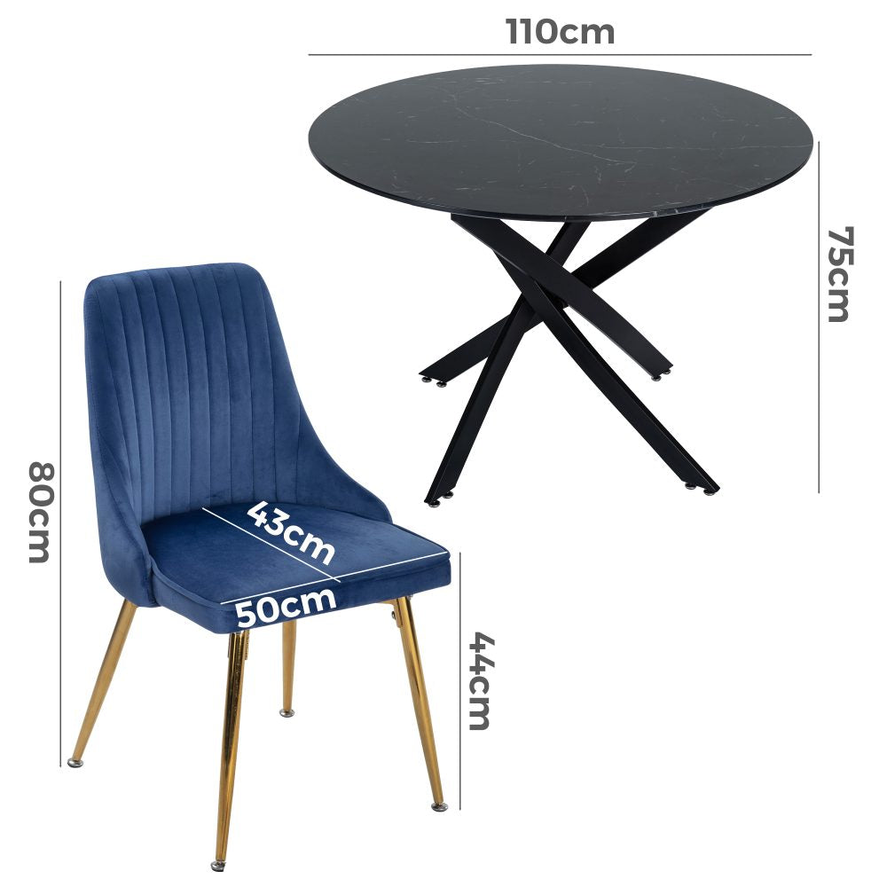 Black Round Marble-Effect Table and Chair Set Navy