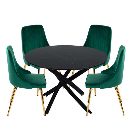 Black Round Marble-Effect Table and Chair Set Green Velvet