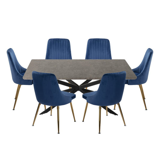 Dining Set Rectangular Table with 6 Navy Velvet Chairs
