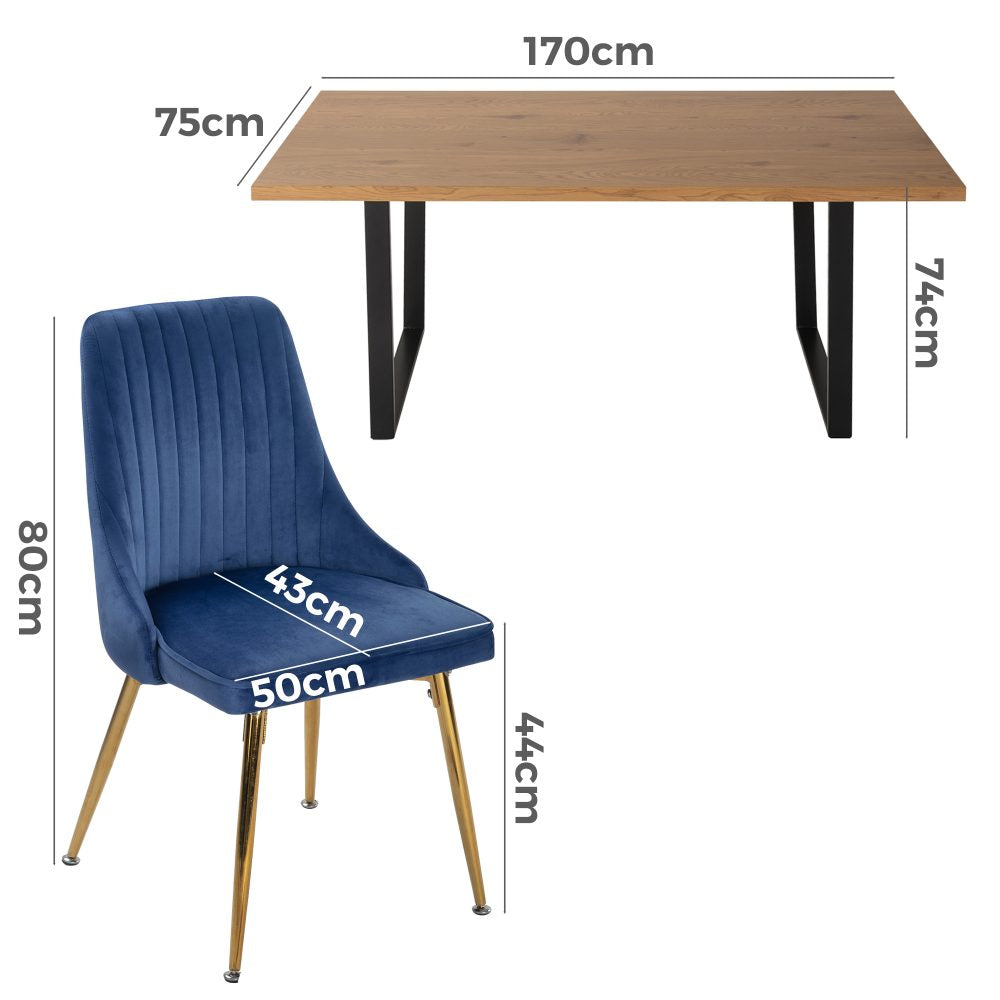 Dining Set Rectangle Natural Table with 6 Navy Velvet Chair