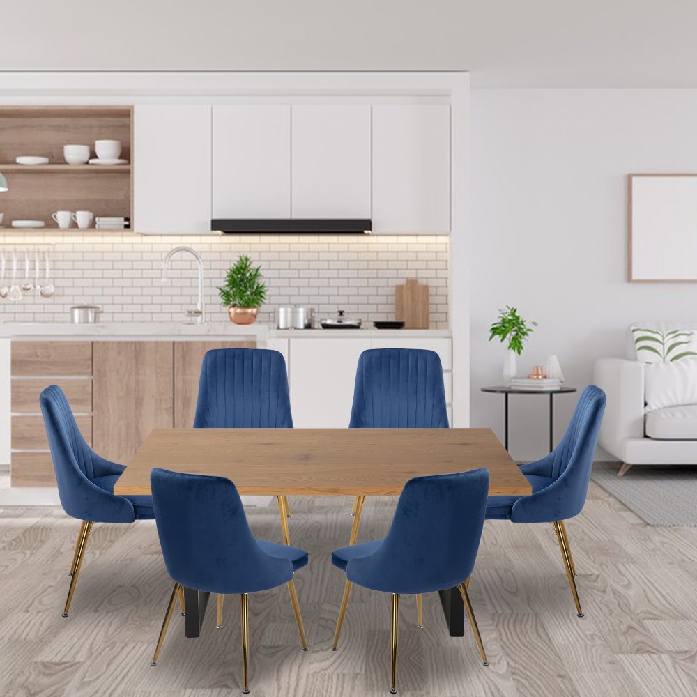 Dining Set Rectangle Natural Table with 6 Navy Velvet Chair