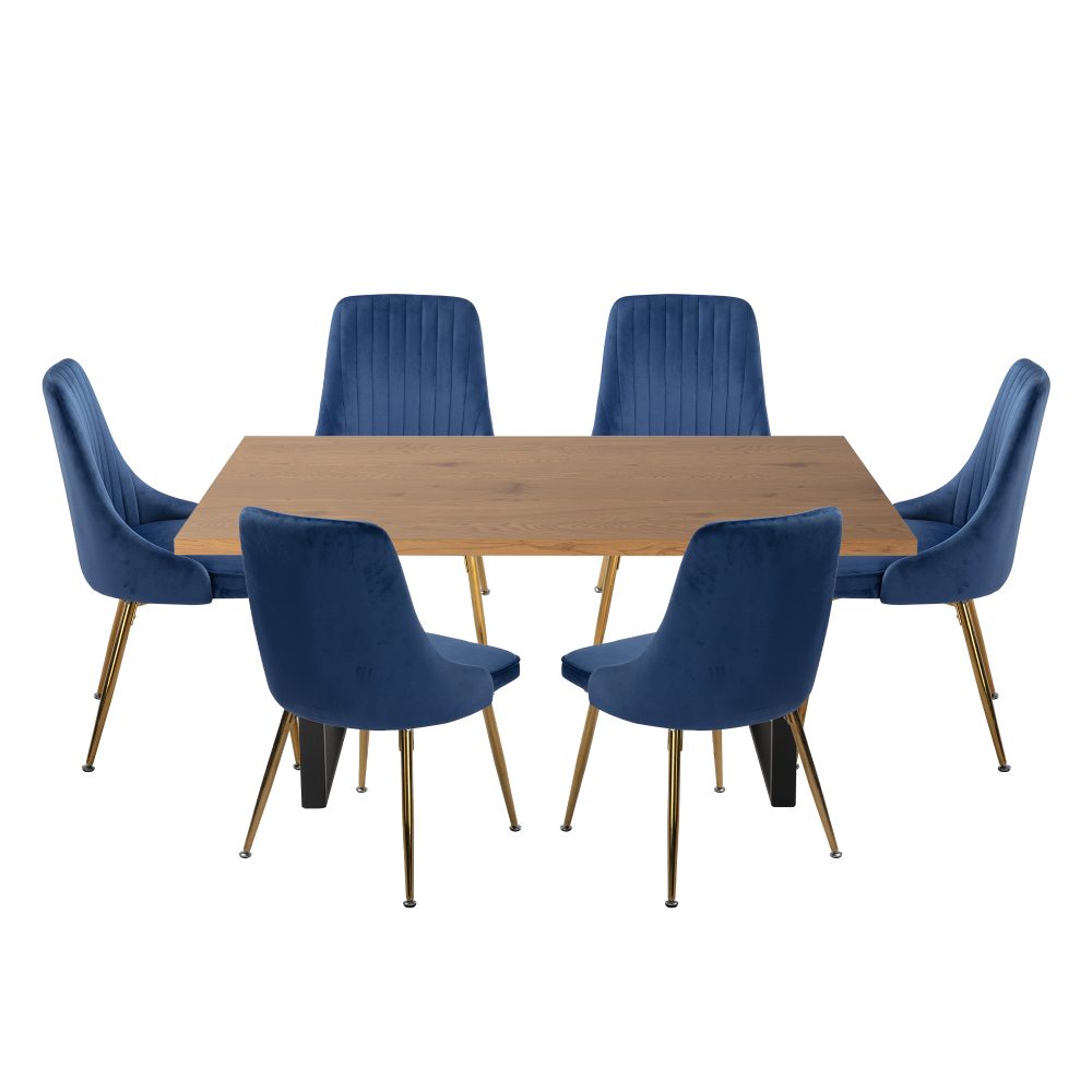 Dining Set Rectangle Natural Table with 6 Navy Velvet Chair