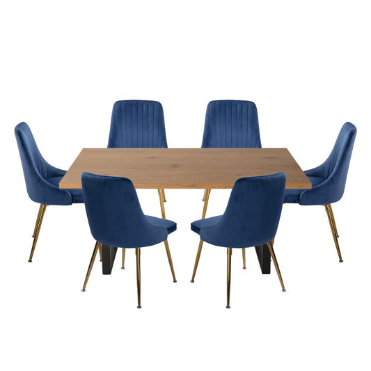 Dining Set Rectangle Natural Table with 6 Navy Velvet Chair