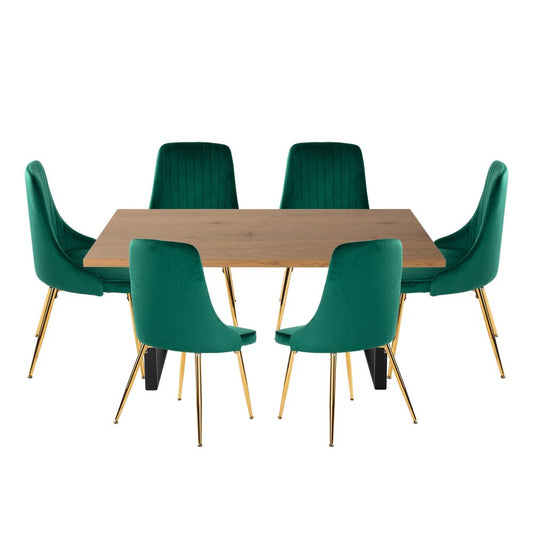 Dining Set Rectangle Natural Table with 6 Green Velvet Chair