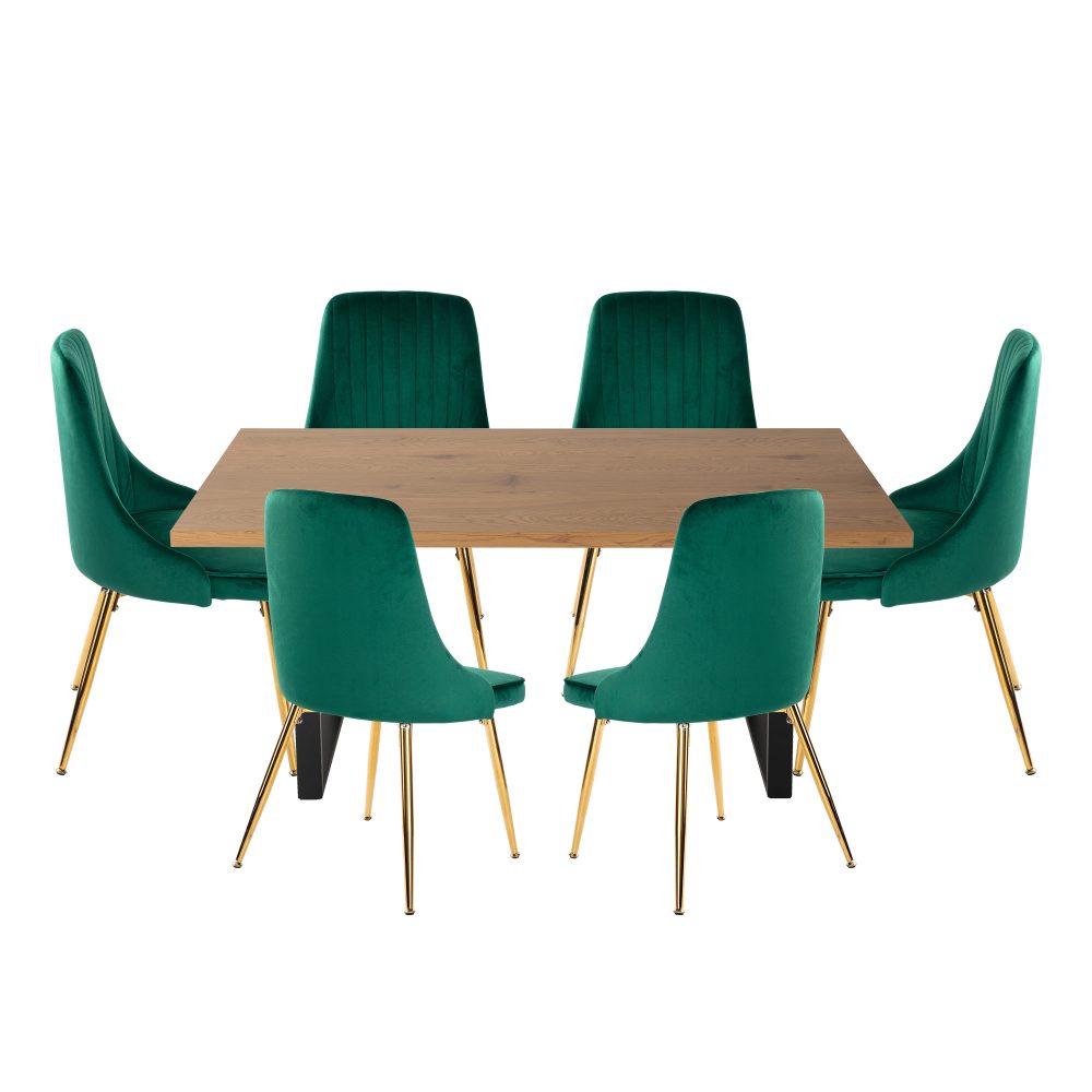 Dining Set Rectangle Natural Table with 6 Green Velvet Chair