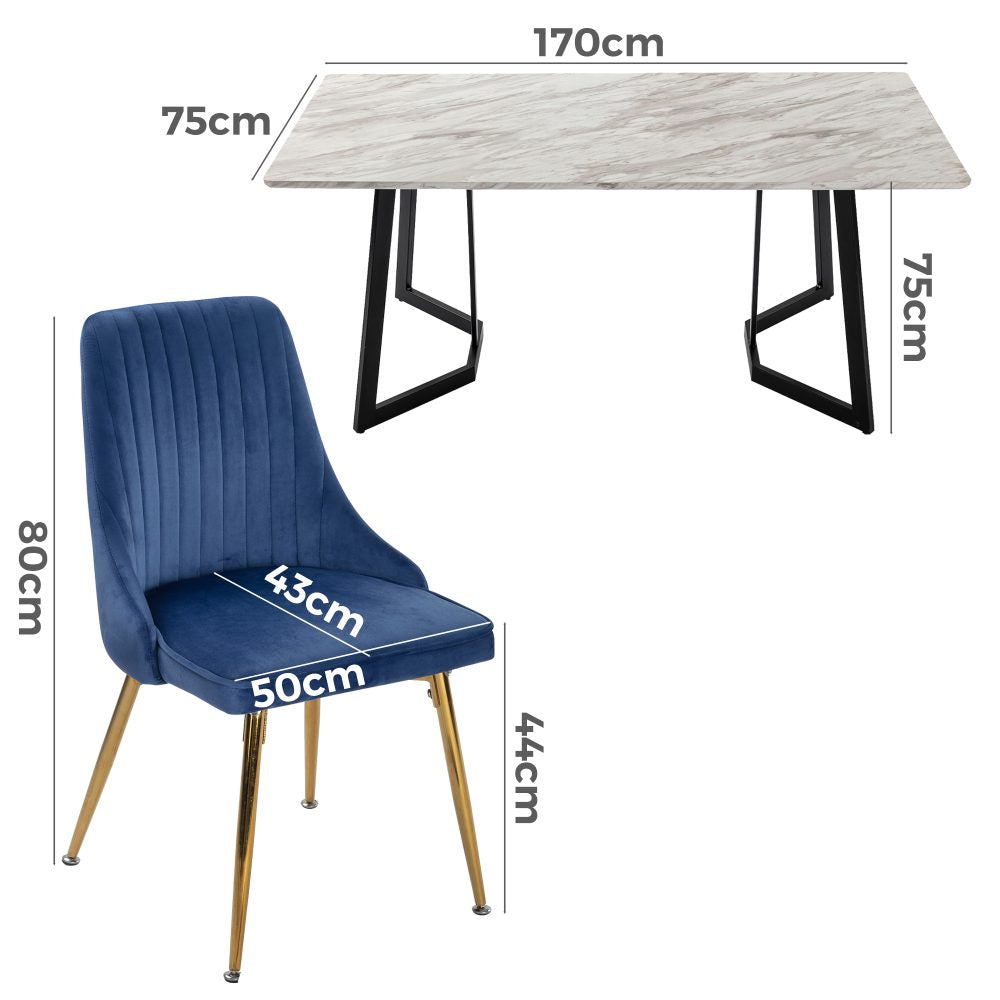 Rectangular Marble-Effect Table and Blue Velvet Dining Chair Sets