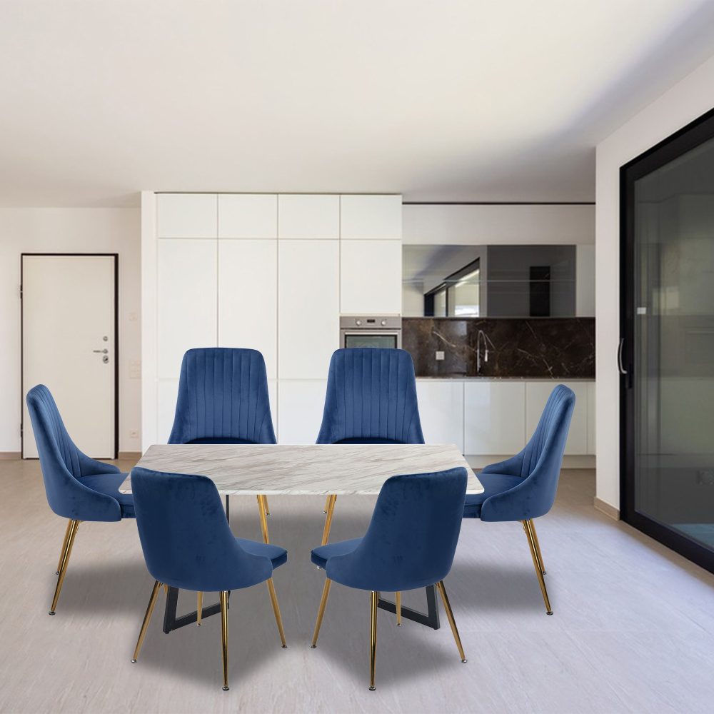 Rectangular Marble-Effect Table and Blue Velvet Dining Chair Sets