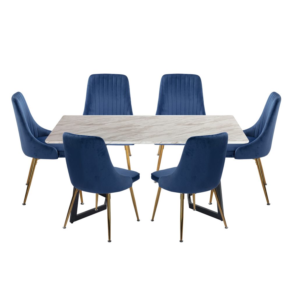 Rectangular Marble-Effect Table and Blue Velvet Dining Chair Sets