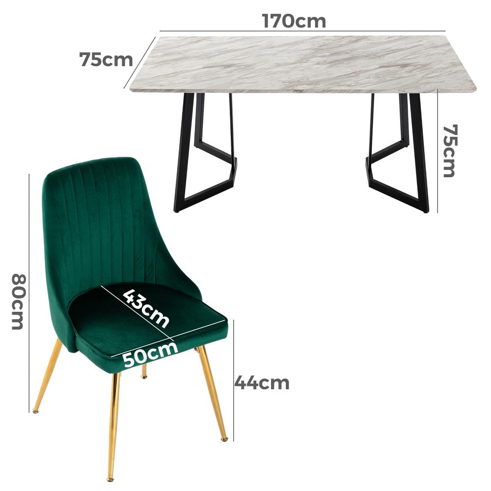 Rectangular Marble-Effect Table and Green Velvet Dining Chair Sets