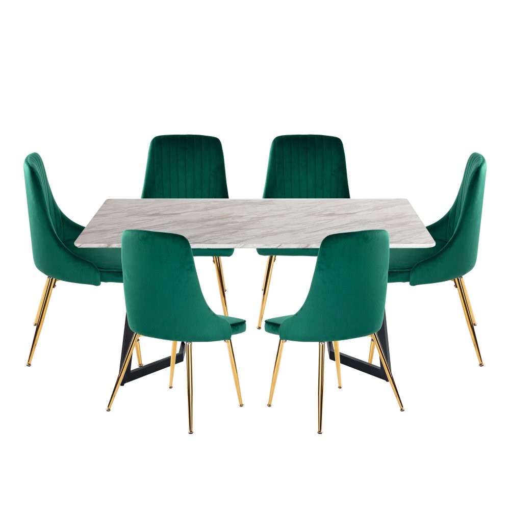 Rectangular Marble-Effect Table and Green Velvet Dining Chair Sets